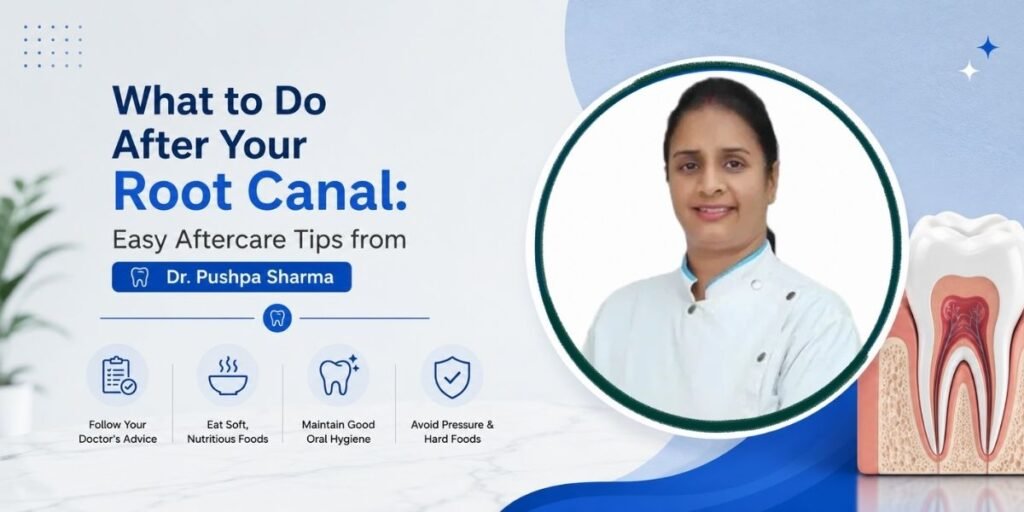 Dr. Pushpa Sharma explaining root canal aftercare tips to a dental patient in Delhi